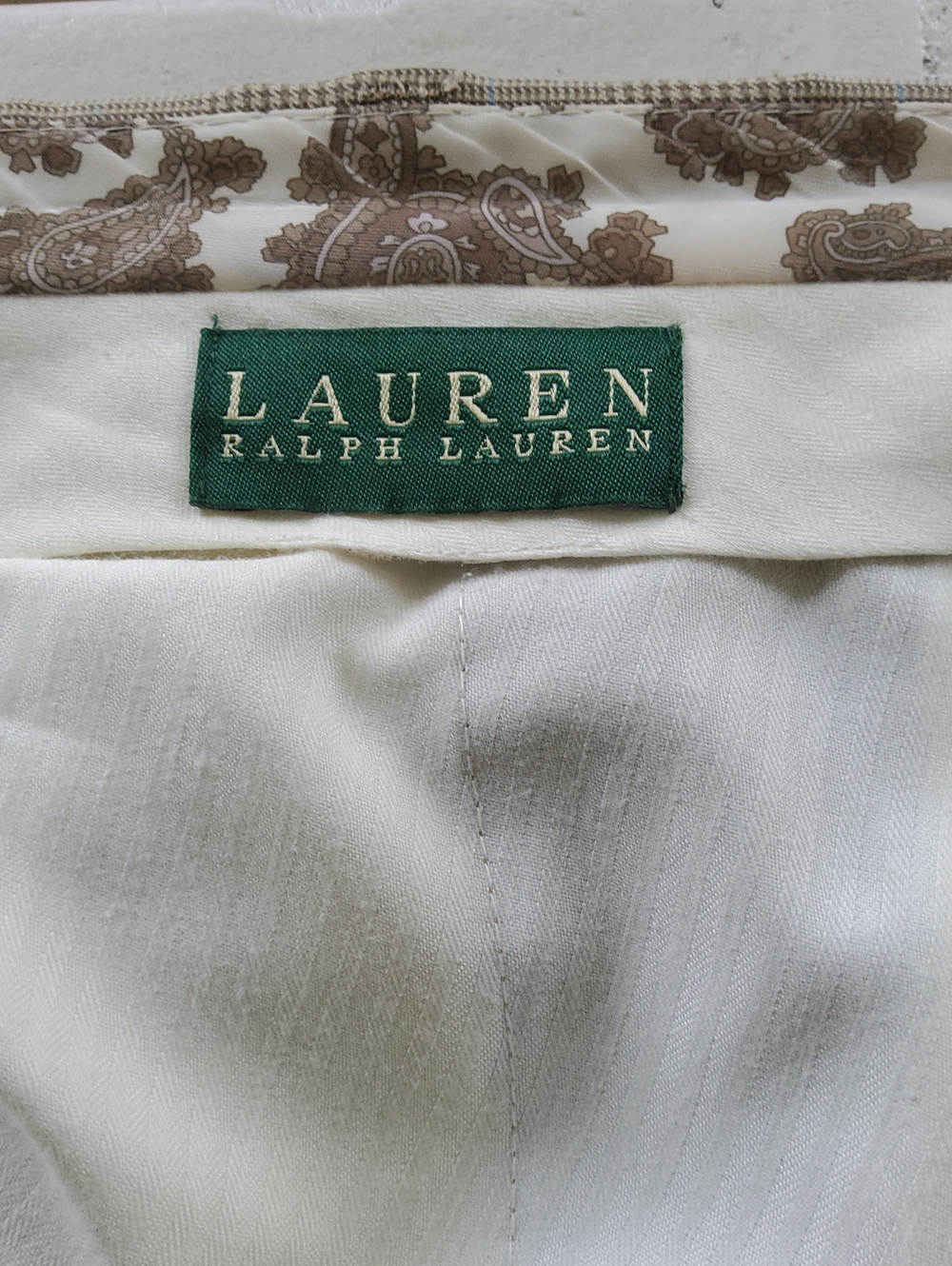 Ralph Lauren Cream Dress Pant with Brown Paisley Trim - Picture 2 of 9